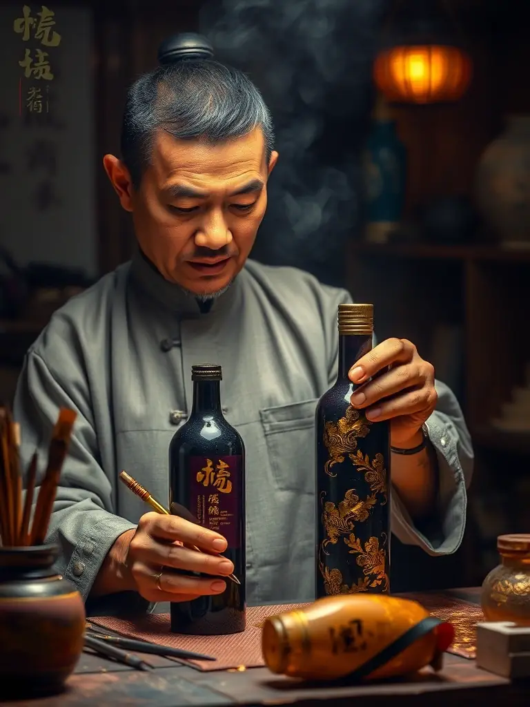 A craftsman carefully applying gold leaf to a Taizi baijiu bottle, highlighting the dedication to detail and luxury.