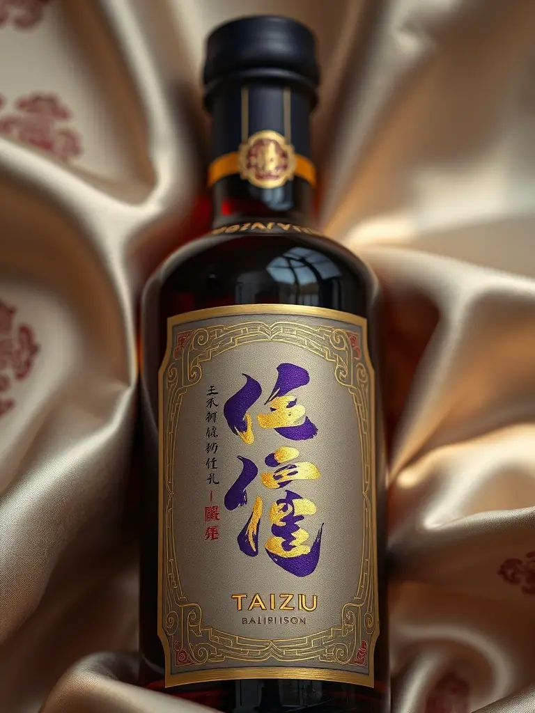 A close-up shot of a Taizi baijiu bottle showcasing the intricate calligraphy on the label, set against a backdrop of traditional Chinese silk.