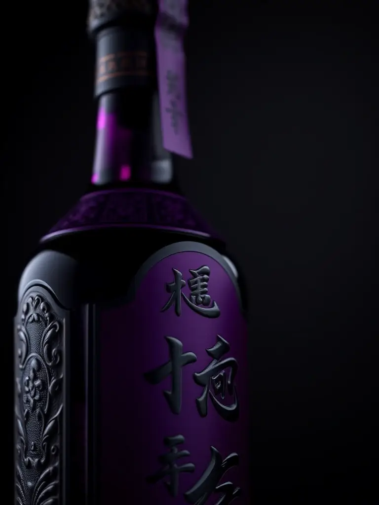 A detailed shot of the imperial purple accents on a Taizi baijiu bottle, showcasing the regal color and its historical significance.